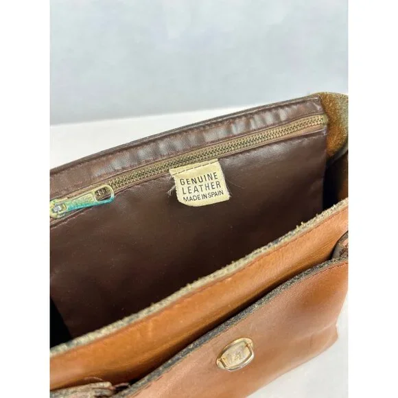 Vintage Tan Leather Crossbody Bag Gold Horseshoe Adjustable Strap - Picture 10 of 14